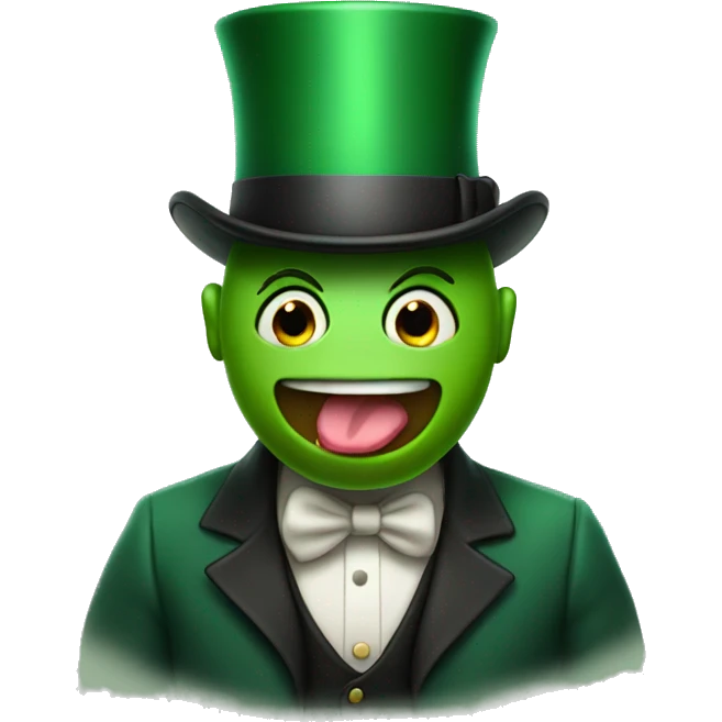 emoji face wearing a green tophat sticking his tounge out emoji