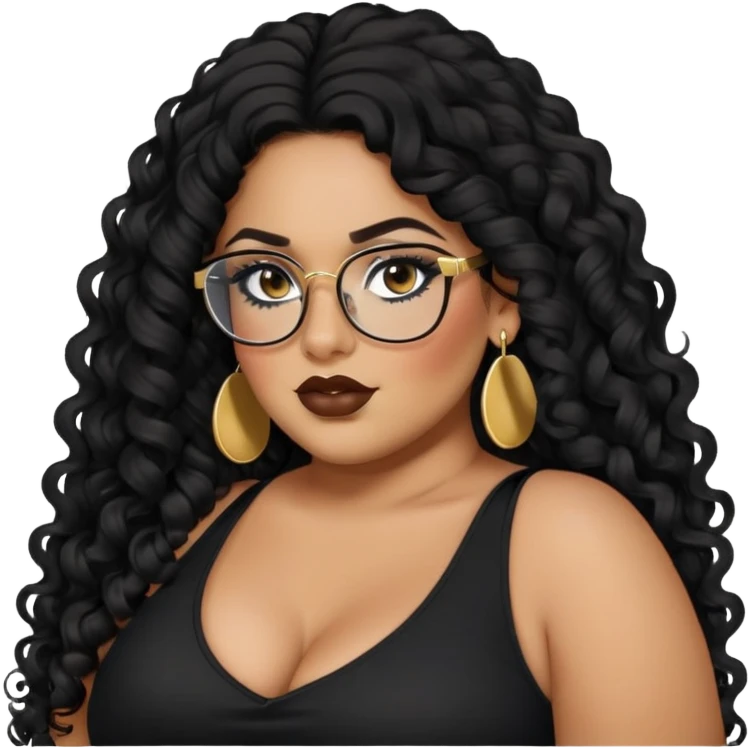 big plus size, latina, darker tan skin, long black curly hair, baddie,pretty, makeup, lipgloss, black eyeliner, long hair, small gold earrings, black top, black glasses emoji