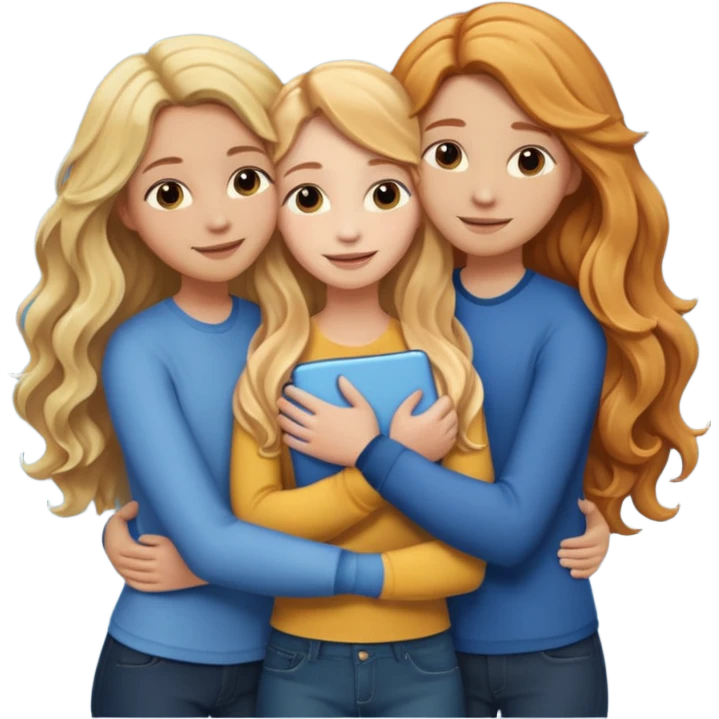 Three friends hugging, one with blonde long wavy hair, the other with ginger long hair and the other brunette long hair emoji