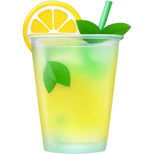 Bright yellow cocktail in a translucent eco-cup, minimalist emoji style, slight glow, simple shine, with a lemon slice or green leaf. Neutral background. emoji