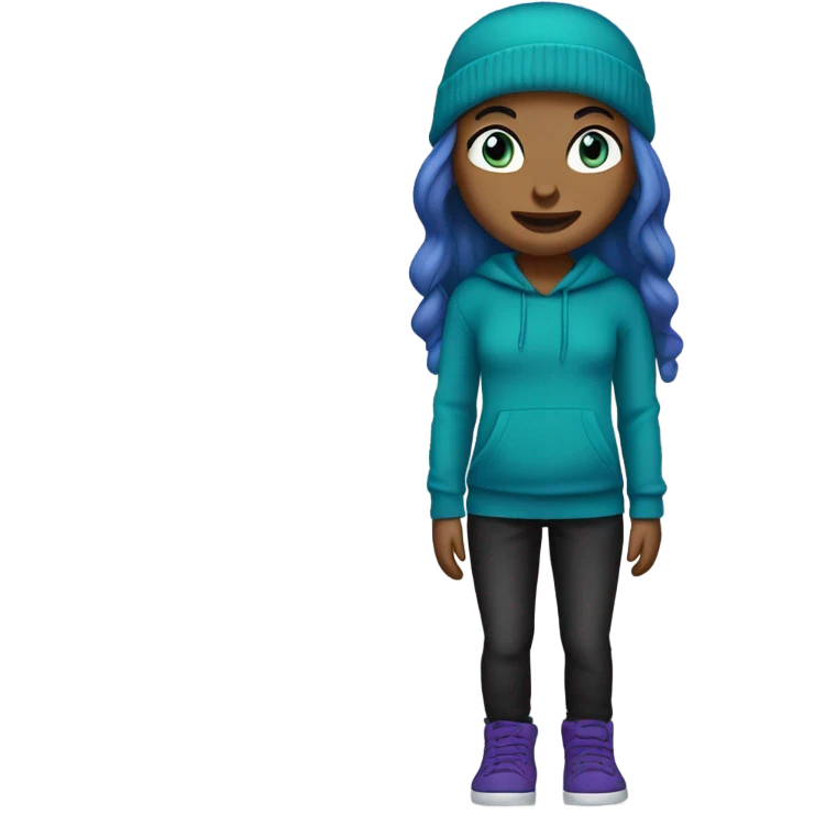 White girl, blue eyes, long teal hair, purple beanie hat, black hoodie, blue jeans, black shoes emoji