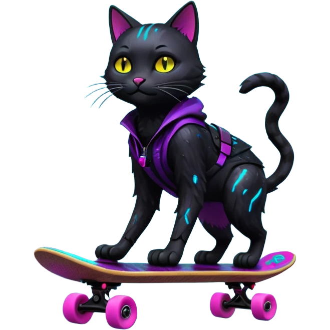 A neon-lit cyberpunk cat riding a floating skateboard through a rain-soaked city alley, cinematic lighting, 8K emoji