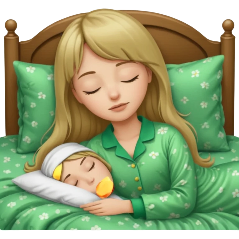 Young woman with long dark blond hair and a bang sleeping in bed  with green pyjama emoji