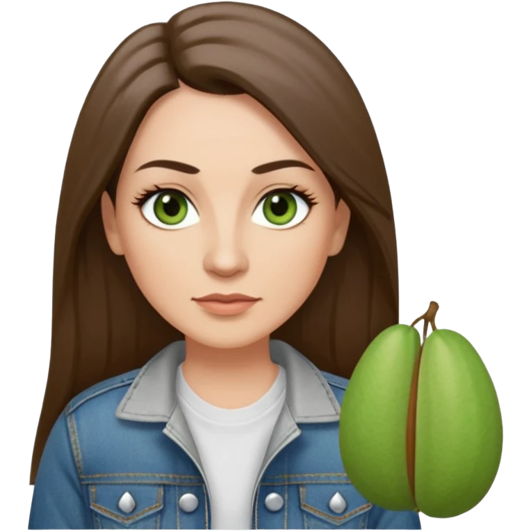 43 year old Adult woman avatar, light skin tone, long, oval face, long straight ashy brown hair, green almond-shaped eyes with dramatic eyelashes and minimal eyeliner, neutral mouth, medium straight eyebrows, small nose, smooth skin,  white t shirt, denim jacket emoji