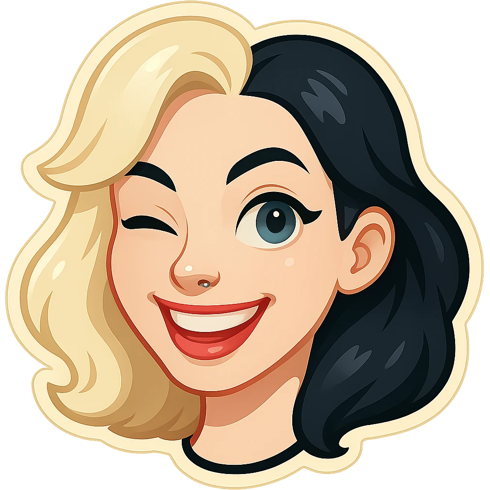 Create a Telegram-sticker style character based on the reference. The character is a girl with two-tone hair (light and black), smiling with visible upper teeth, winking, blue eyes, pale skin, and a nose piercing. No outline on the edges, only the head with hair, no background. emoji