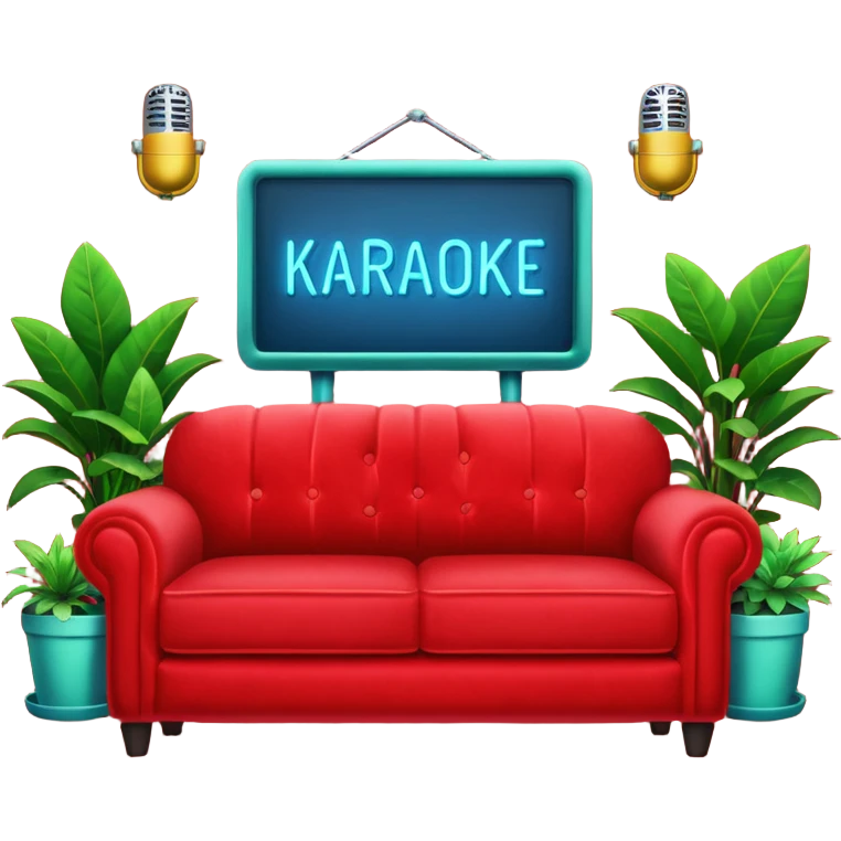 red velvet couch, mic in front, houseplants in back, and a neon sign saying "karaoke", and NO PEOPLE IN IT emoji