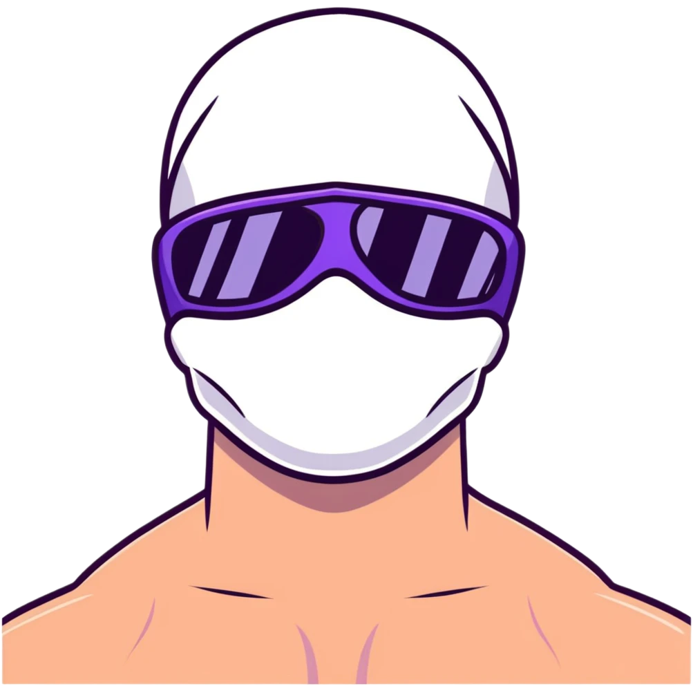 shirtless athletic man with white skin, wearing a purple balaclava face mask and purple sunglasses with black tinted lenses emoji