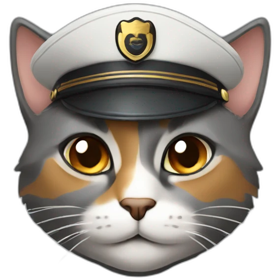 full grey and brown calico cat face wearing a pilot hat emoji