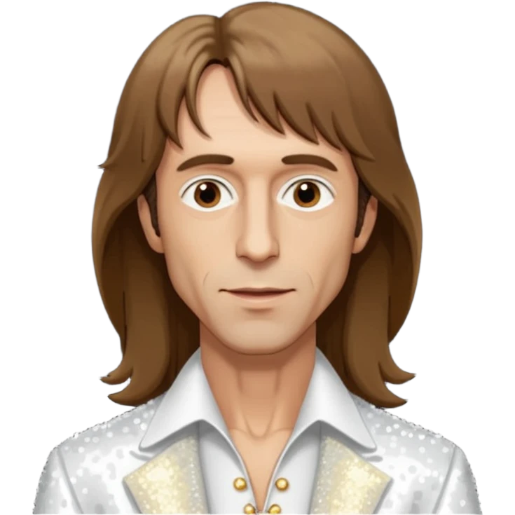 Robin Gibb from Bee Gees with long brown hair, white sequin outfit  emoji