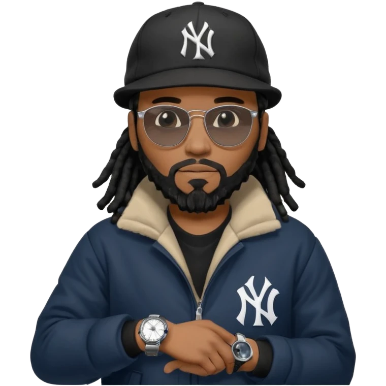 African American Man with shoulder length black dreadlocks with black beard wearing black sunglasses wearing a black bubble winter coat and a New York Yankees logo baseball cap checking the time on his watch emoji