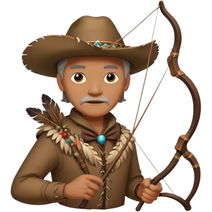 The classic image of a middle-aged uncle hunter carrying a bow, dressed in brown clothes, with some ornaments made of feathers, bones or teeth on his body. emoji