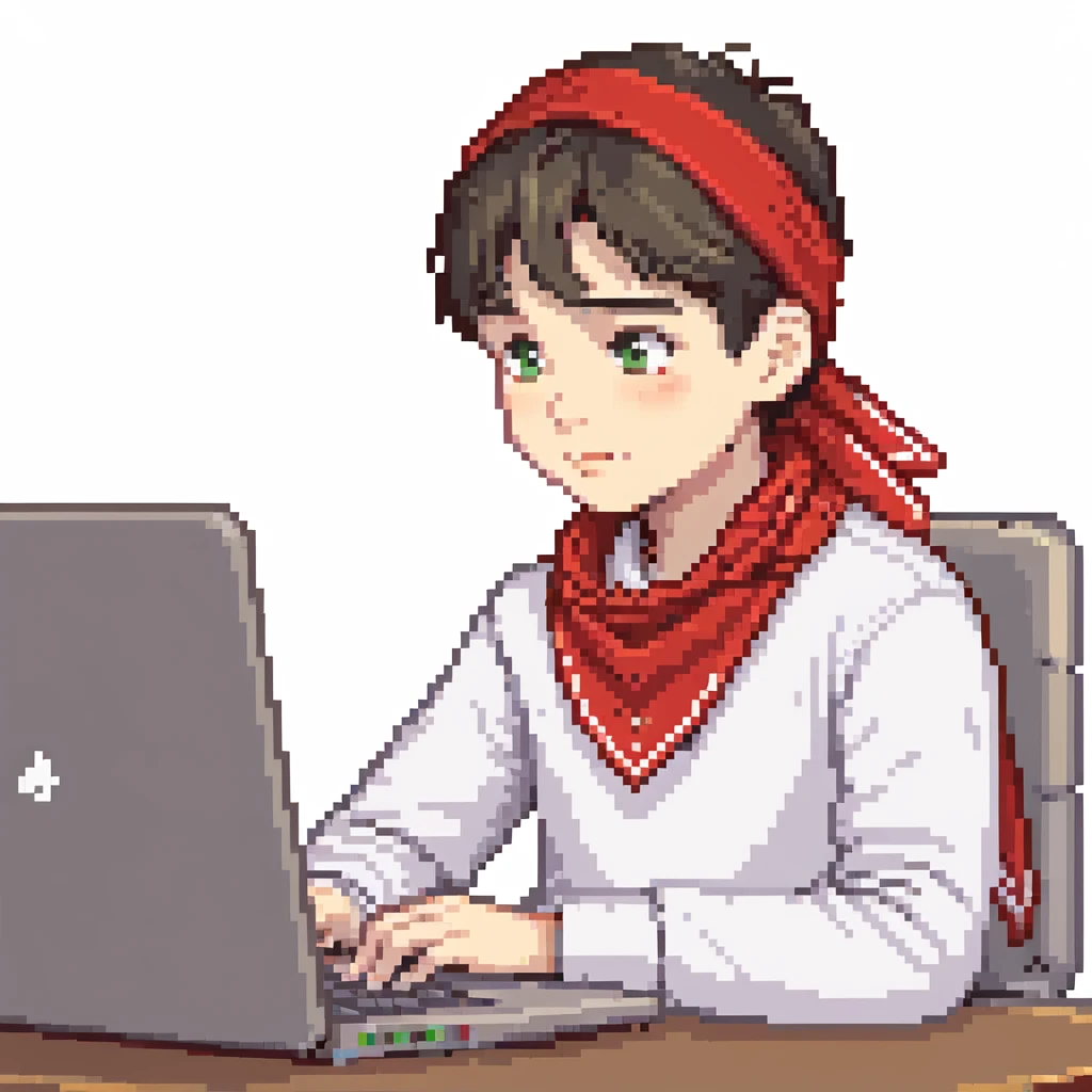 Soviet young pioneer with red neckerchief sitting at a laptop computer emoji
