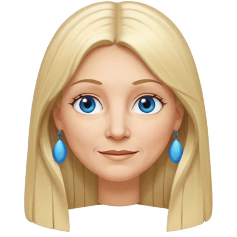 50 yr old white woman, hippe part bangs, very long straight blond hair, oval face, small smile, blue eyes, thin face, hair downback, hair parted at center of head, round cheeks, pale, longer hair emoji