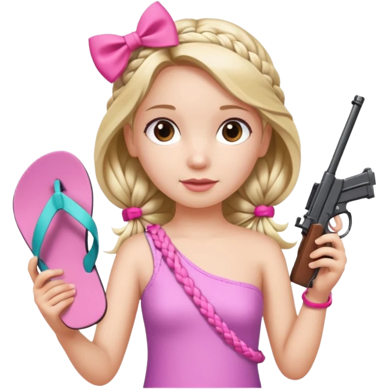 A girl who has a braid on one should and has a flipflop in one hand that has a bow while in the other hand she has a gun with a bow  emoji