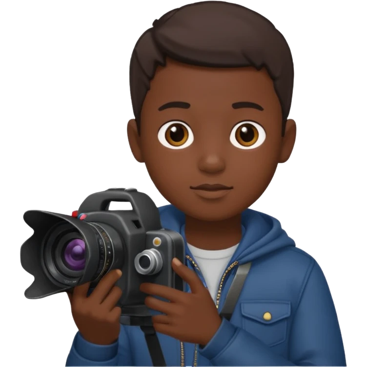 young boy cameraman hold a camera, dark kin emoji