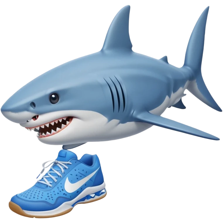 shark on a beach wearing blue Nike tennis shoes emoji