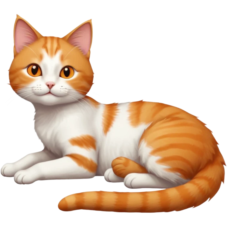 ginger and white cat with orange eyes doing a big extremely long stretch reaching up into the air with arms and legs side by side together straight and overextended whilst lying on its side emoji