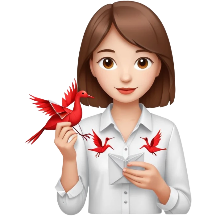 Happy Ukrainian young girl with brown hair in a white embroidered shirt holds an origami red crane emoji