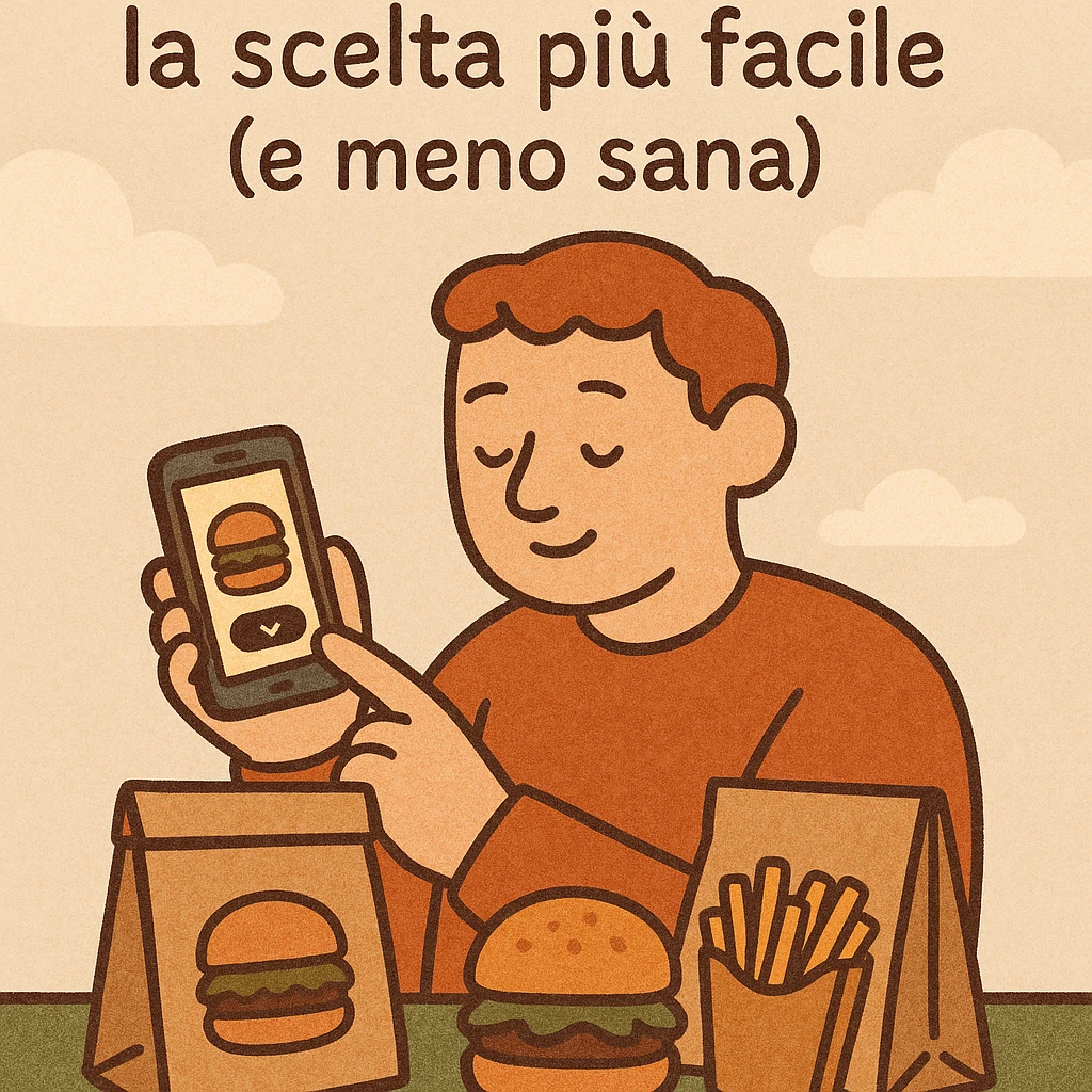 Uomo che ordina cibo tramite app sullo smartphone, sul tavolo sacchetti di hamburger e patatine, testo in italiano: “Cibo a domicilio: la scelta più facile (e meno sana)”. emoji