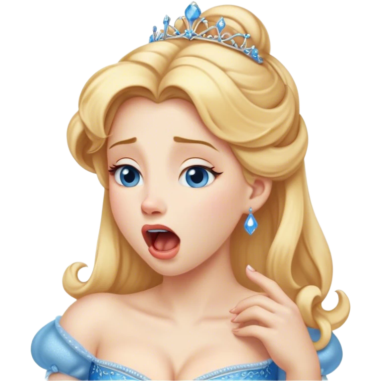 Cinematic Realistic Yawning Cinderella Portrait, showcasing lifelike porcelain skin and intricately detailed golden-blonde hair styled flawlessly as she mid-yawn reveals a moment of tender vulnerability. Her half-closed blue eyes and relaxed expression are rendered with natural, soft lighting that emphasizes the subtle textures of her face and the detailed, flowing fabric of her iconic gown. The scene glows with a cozy, authentic warmth that captures a rare, intimate moment of repose. emoji