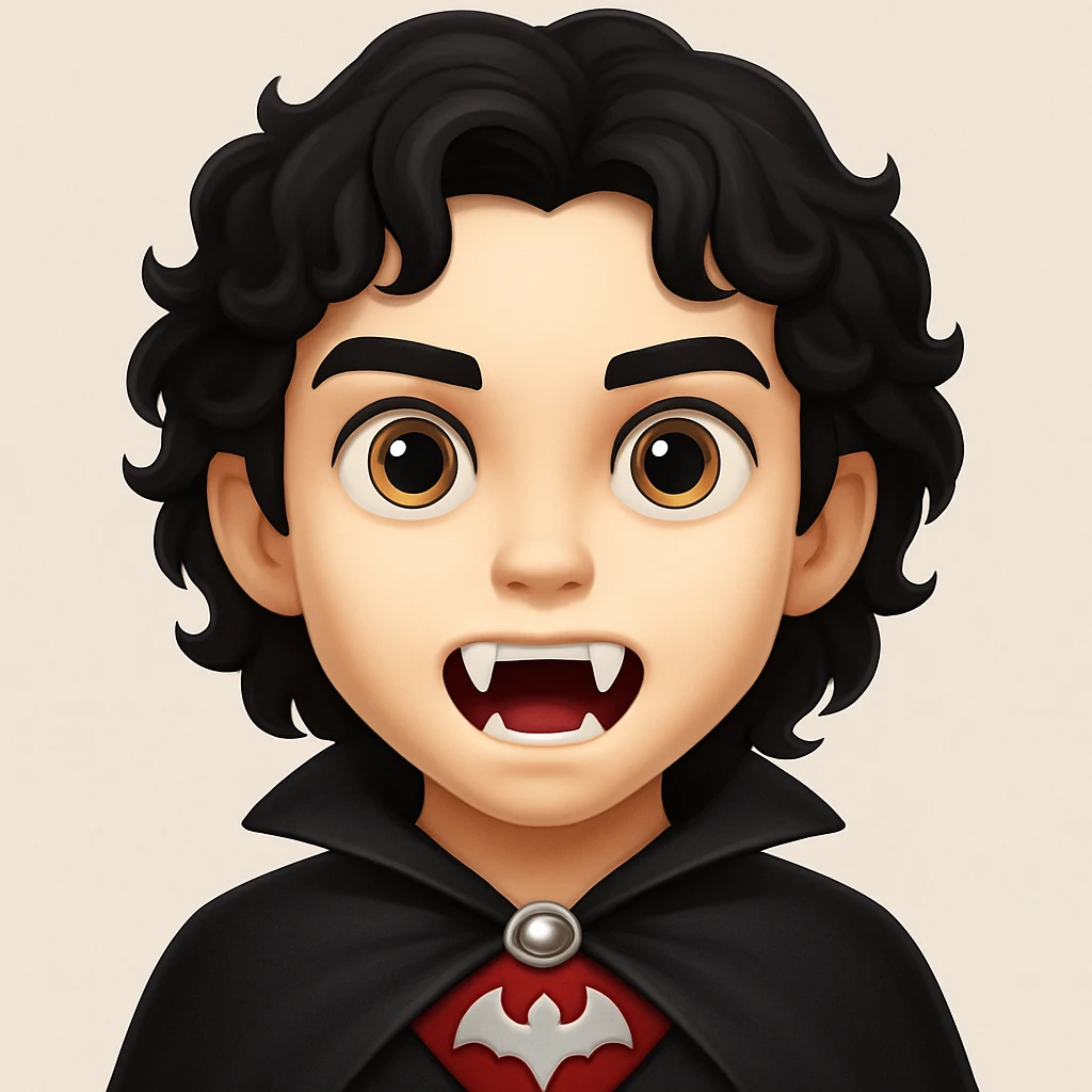 Create an image of a vampire boy with medium-length curly black hair and more prominent fangs in an emoji style. The style should resemble emoji aesthetics but use the general editing model for best results. emoji