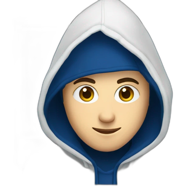 White Young Adult Developer with a dark blue hood behind his computer and focus on his code  emoji