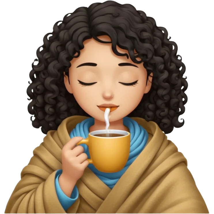 Tan light girl with curly black hair under a blanket sipping coffee eyes closed emoji