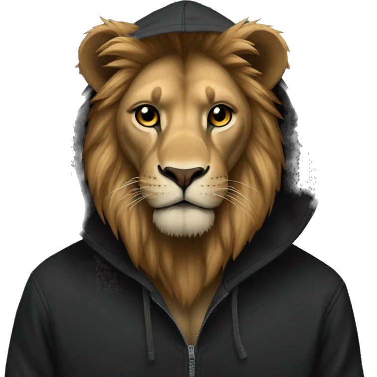 Lion wearing a black hoodie emoji