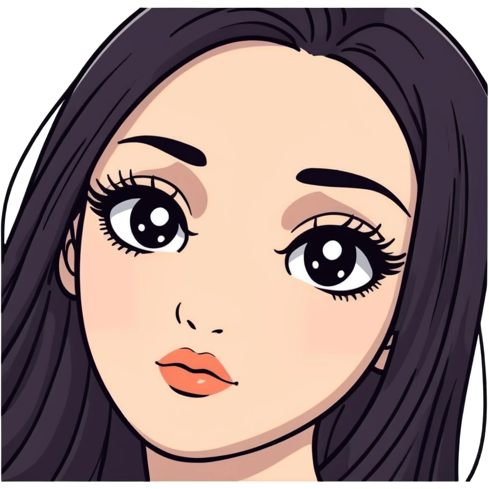White girl with long oval face, huge round black eyes, big eyelashes, no makeup, natural lips, face closeup, long straight black middle-parted hair emoji