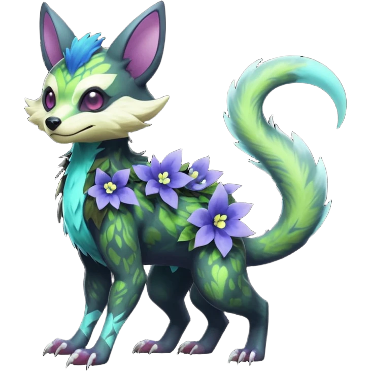 Realistic Sharp swampy mossy elemental ivy floral detailed Colorful translucent luminescent glowing Trico-Noibat-batty-Sergal-Furret-Ferret-Wolverine-Vernid-furry-fursona-fusion-Fakemon-animal-hybrid-creature, full body emoji