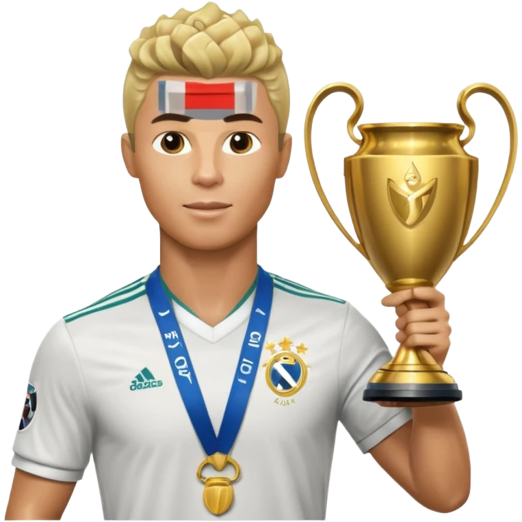 Cristiano Ronaldo holfing the champions league with noodle hair a bit longer noodle hair with a bit of blonde highlights and tge hair xoming down a bit emoji