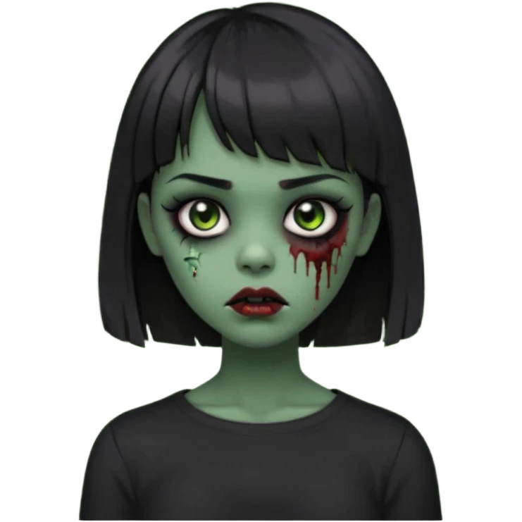 Zombie girl emoji verde escuro com cabelo curto liso preto no ombro e franja na altura da sobrancelha cobrindo completamente a testa, usando uma blusa preta, com olhos pretos  emoji