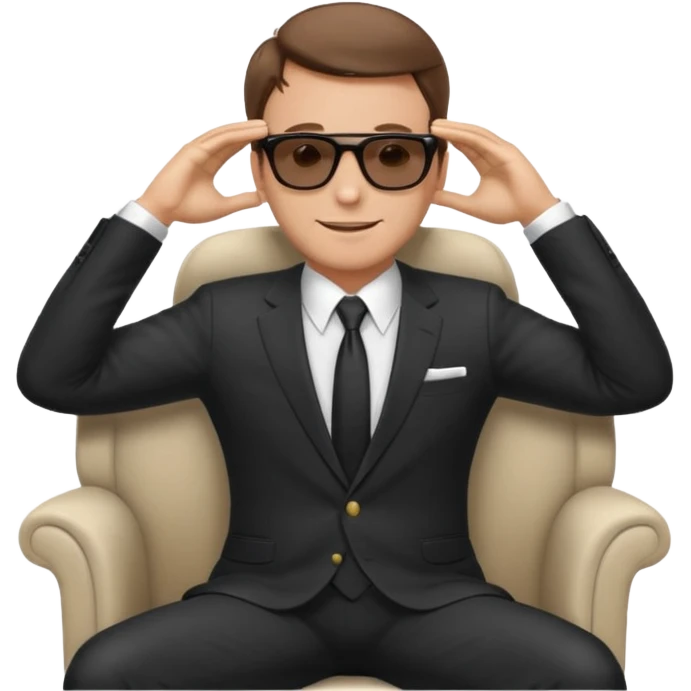 a white man, brown hairs, in formal suit wearing sunglasses resting with hands behind head emoji