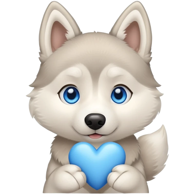 Beige husky with blue eyes holding a blue heart emoji