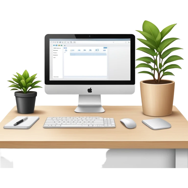 Clean and organized workspace desk with a computer monitor and a small potted plant, minimal clutter, organized office supplies emoji