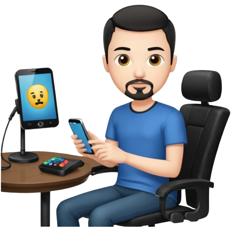 a setup of a youtuber, white skin, thin goatee, black short hair, with a desktop pc on a table, a gaming chair, microphone, no headset phone emoji
