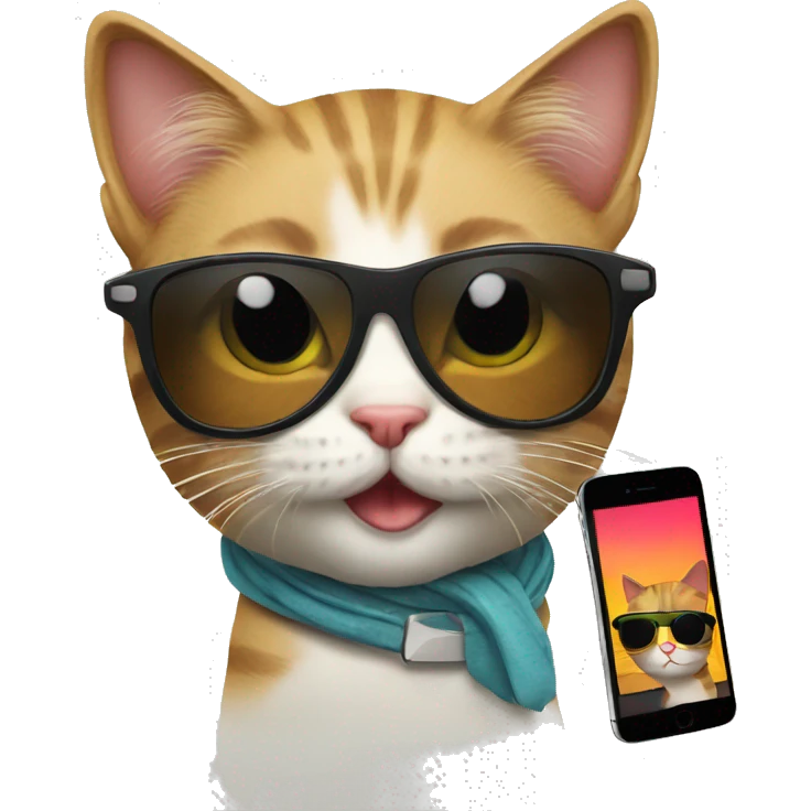 a cute cat whit sunglasses and a ipone emoji