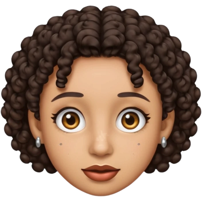 an emoji with a mixed skin color, short dark brown curly hair with 2 silver stud earrings on both ears and 2 slits on each eyebrow emoji