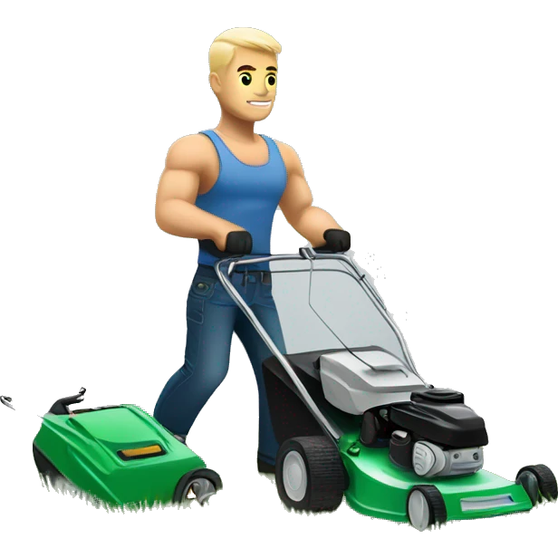 A muscular white man with tattoos cutting grass with a lawn mower emoji