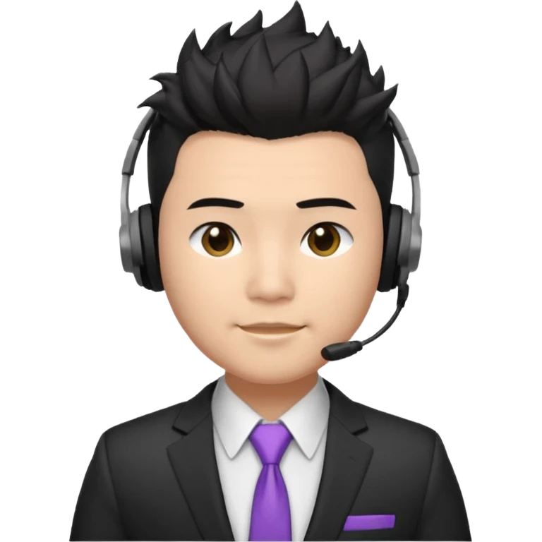 asian man headset suit face only spikey hair in front dark hair gay shirt chubbier face emoji