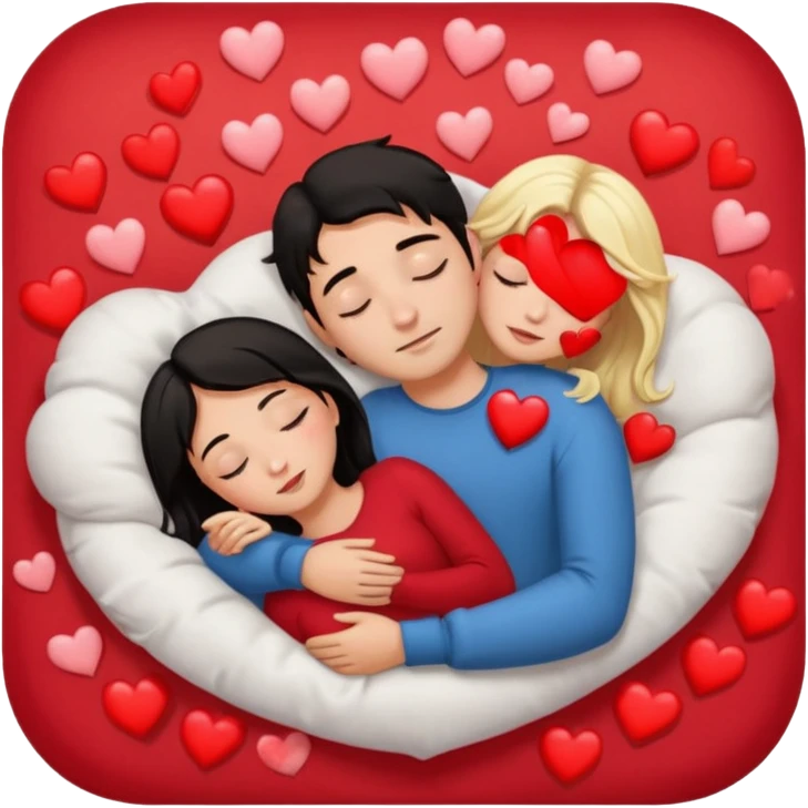 Sleeping romance couple. man has dark hair. woman is blonde. hearts around them. emoji