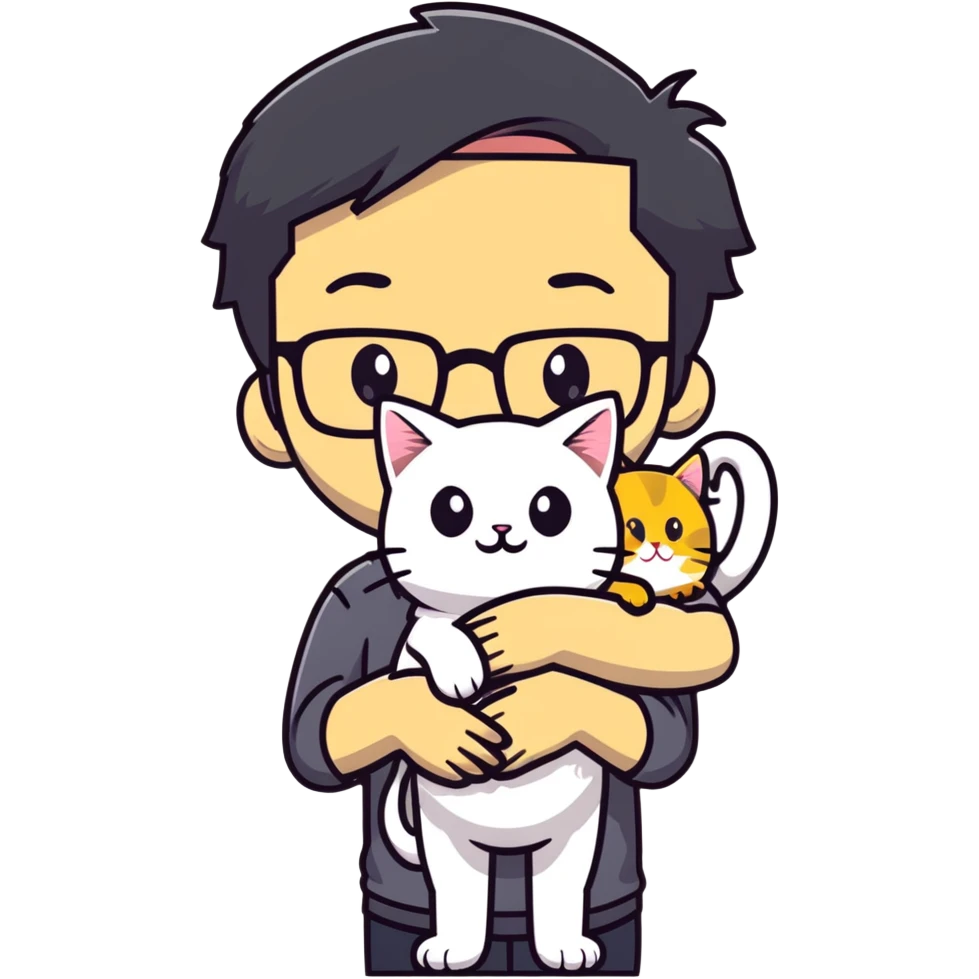 Young man with warm yellow-toned skin, long face, black back-length hair, large eyes, thin-rimmed square glasses, smiling gently while holding a grayish-white Munchkin cat with short legs and a gray patch under its mouth emoji