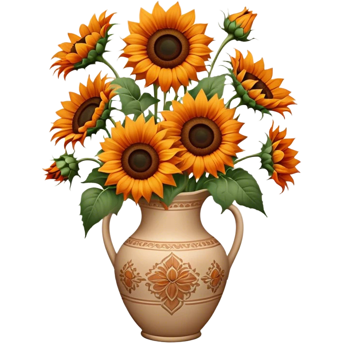 bouquet of bright orange sunflowers in a beige aesthetic vase in vintage style with beautiful ornaments of brown color emoji