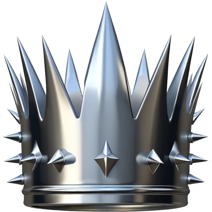 A spiked crown emoji made of silver chrome, sharp yet rounded metallic ...