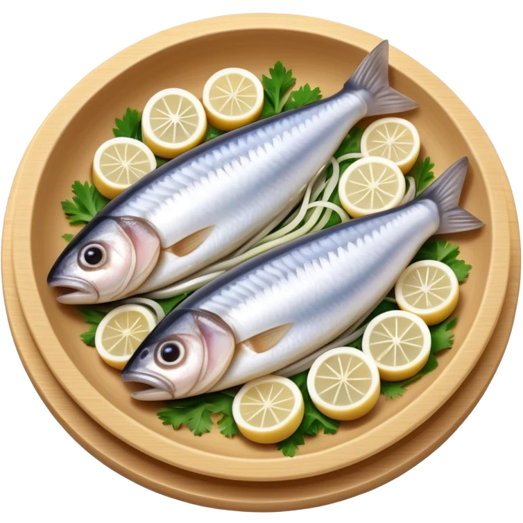 Cinematic Realistic Herring Dish Emoji, showcasing a traditional preparation of fresh herring with onions rendered with lifelike detail and cool, crisp lighting. emoji