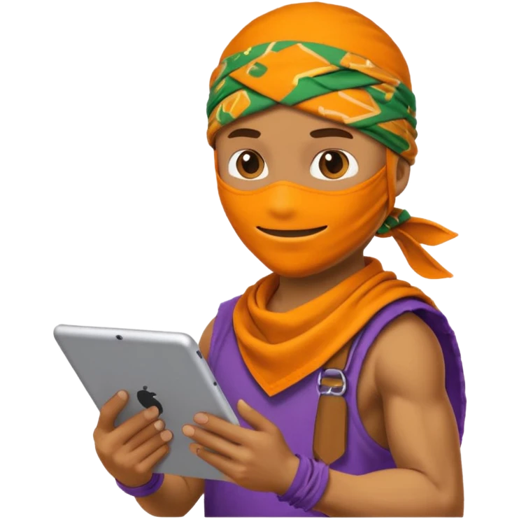 Donatello from Teenage Mutant Ninja Turtles, emoji style, using a tablet with a hacking screen and a bandana, with an orange hacking interface emoji
