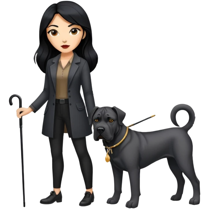 Stylish woman with long black hair and a black Cane Corso dog with cropped ears emoji