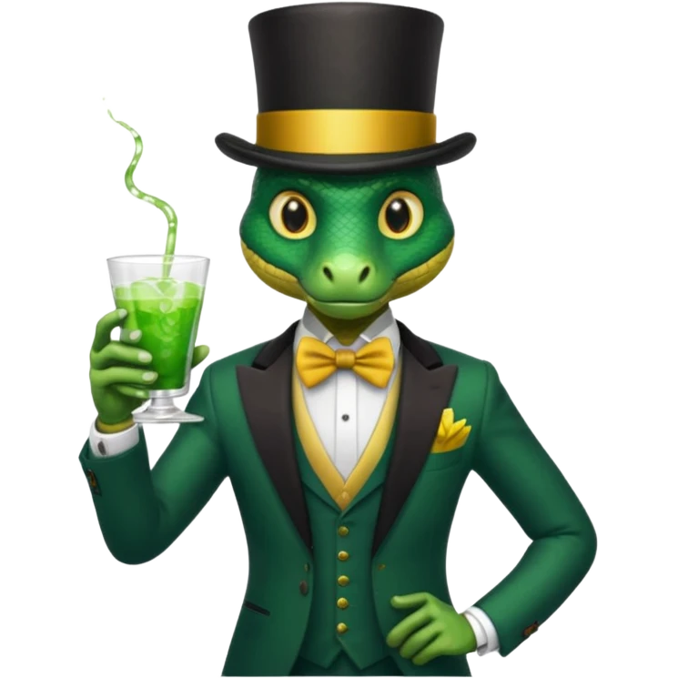 snake wearing suit, bowtie and top hat, holding a glass of green drink emoji