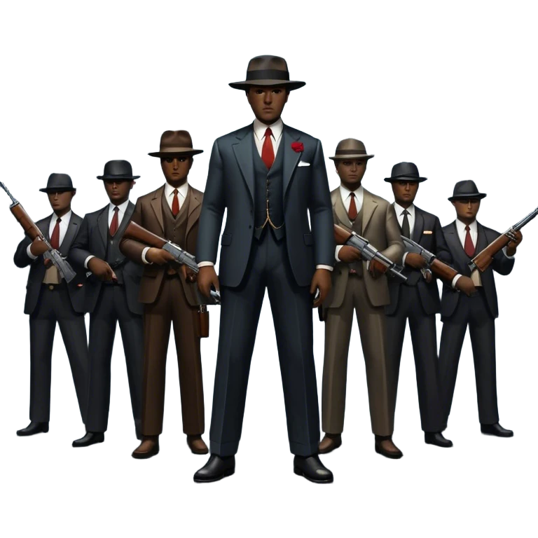 Vintage noir poster with Don Corleone surrounded by gangsters holding Thompson submachine guns. Dark and moody atmosphere with shadows, suits, and a mysterious vibe. Background features New York skyscrapers, adding to the gritty, classic gangster film feel. Transparent background. emoji