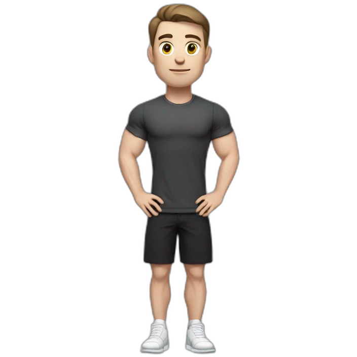 Pale skinned Fit Man With the biceps and dark brown hair in black shirt, gray sports shorts and white Sneakers emoji
